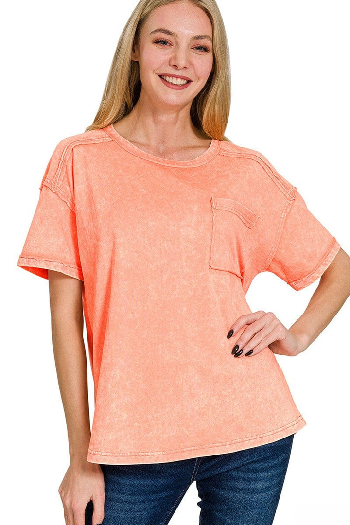 Zenana Acid Washed Round Neck Front Pocket T-Shirt