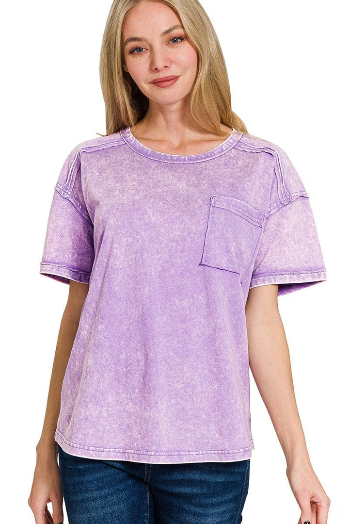 Zenana Acid Washed Round Neck Front Pocket T-Shirt