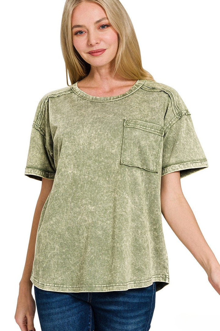 Zenana Acid Washed Round Neck Front Pocket T-Shirt