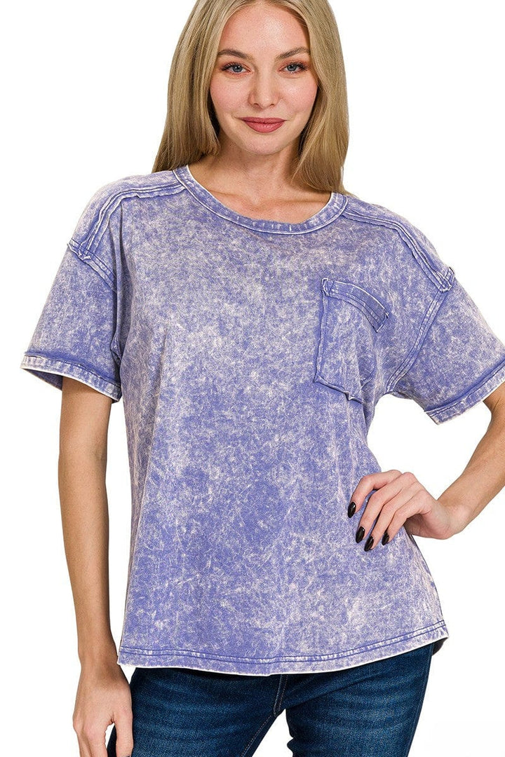 Zenana Acid Washed Round Neck Front Pocket T-Shirt