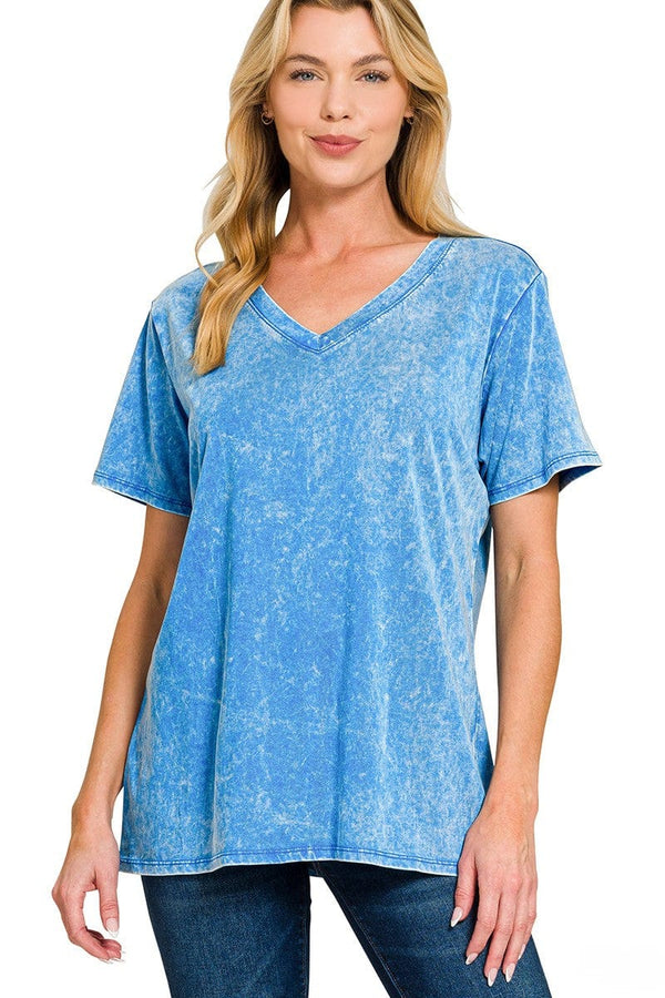 Zenana Acid Washed Short Sleeve V-Neck Tee