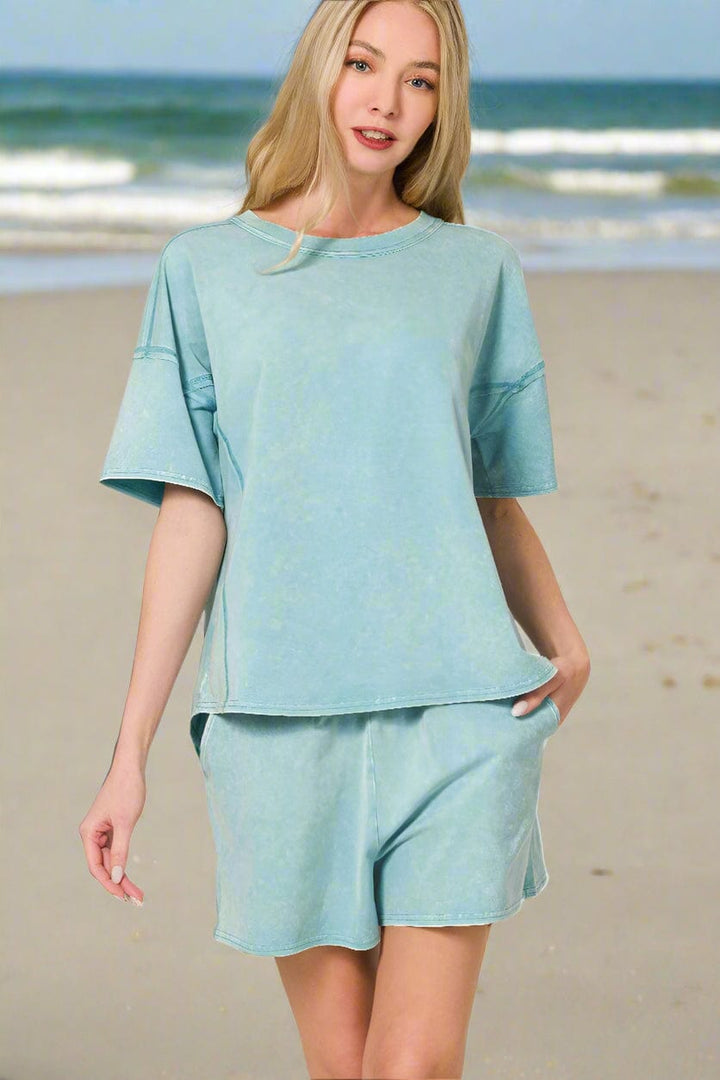 Zenana Acid Washed Short Sleeve Visible Stitching Top and Split Hem Shorts Set