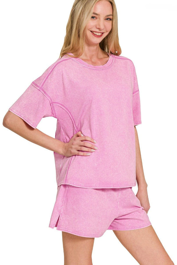 Zenana Acid Washed Short Sleeve Visible Stitching Top and Split Hem Shorts Set