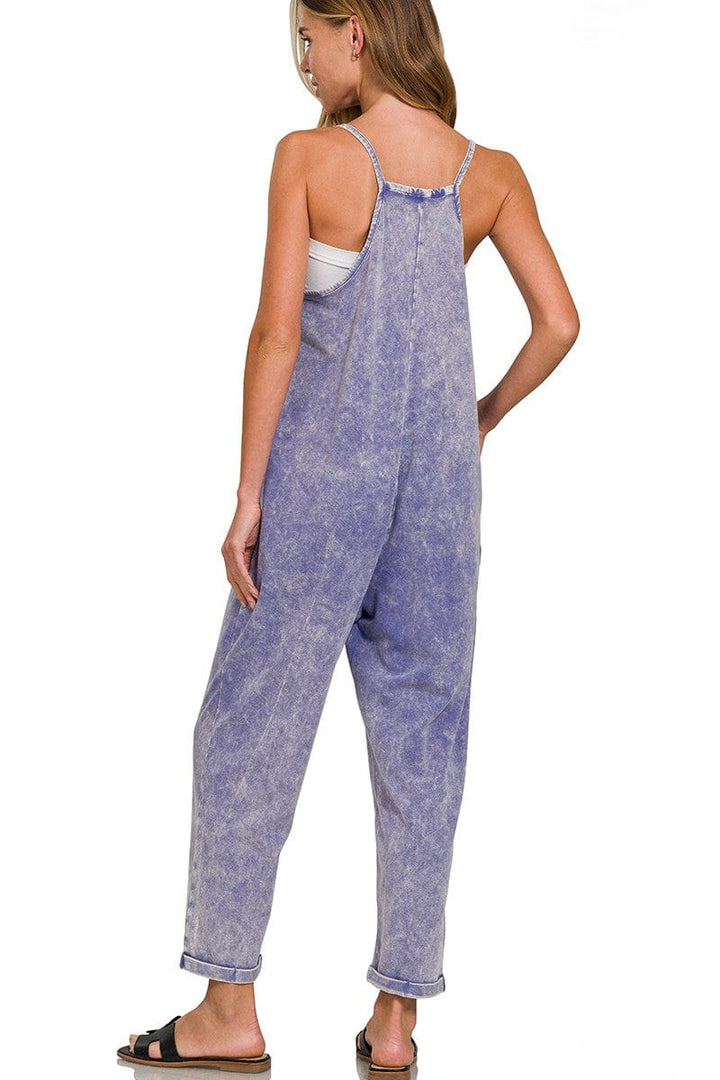 Zenana Acid Washed Spaghetti Strap Overalls with Pockets