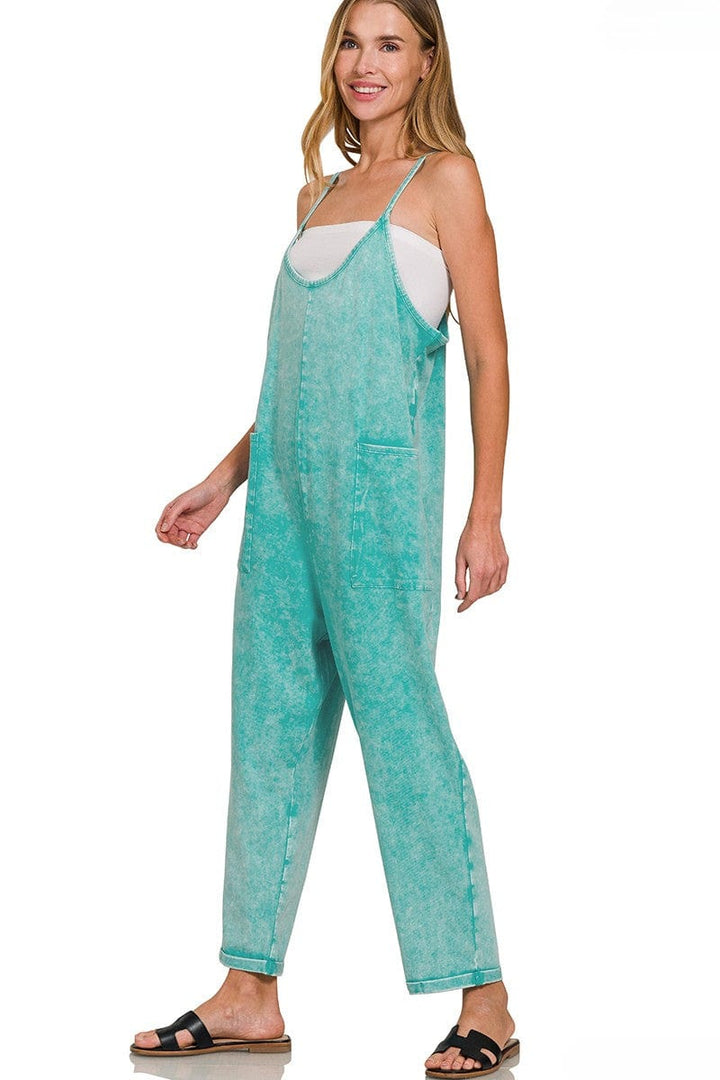 Zenana Acid Washed Spaghetti Strap Overalls with Pockets