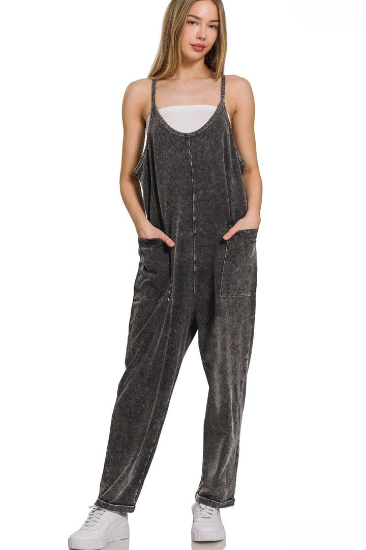 Zenana Acid Washed Spaghetti Strap Overalls with Pockets