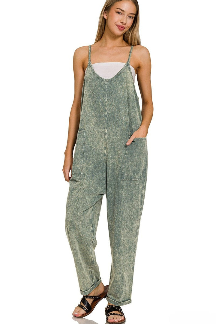 Zenana Acid Washed Spaghetti Strap Overalls with Pockets