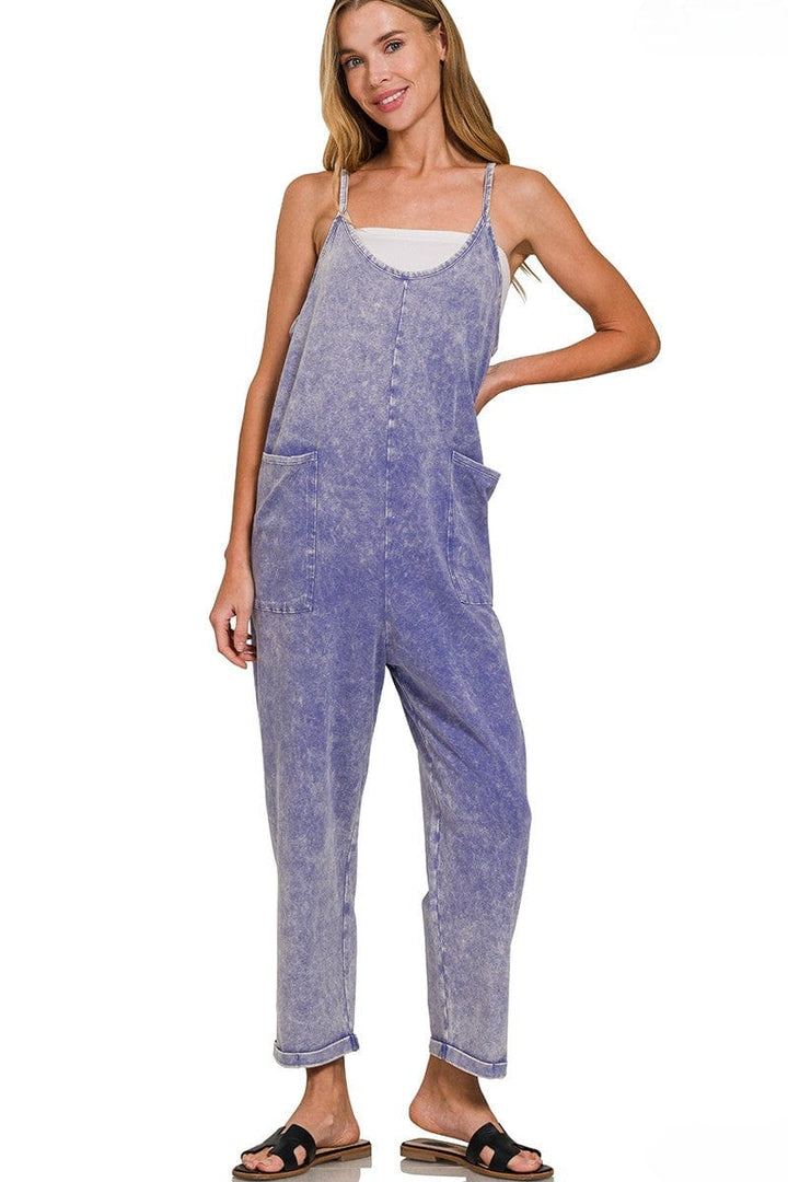 Zenana Acid Washed Spaghetti Strap Overalls with Pockets