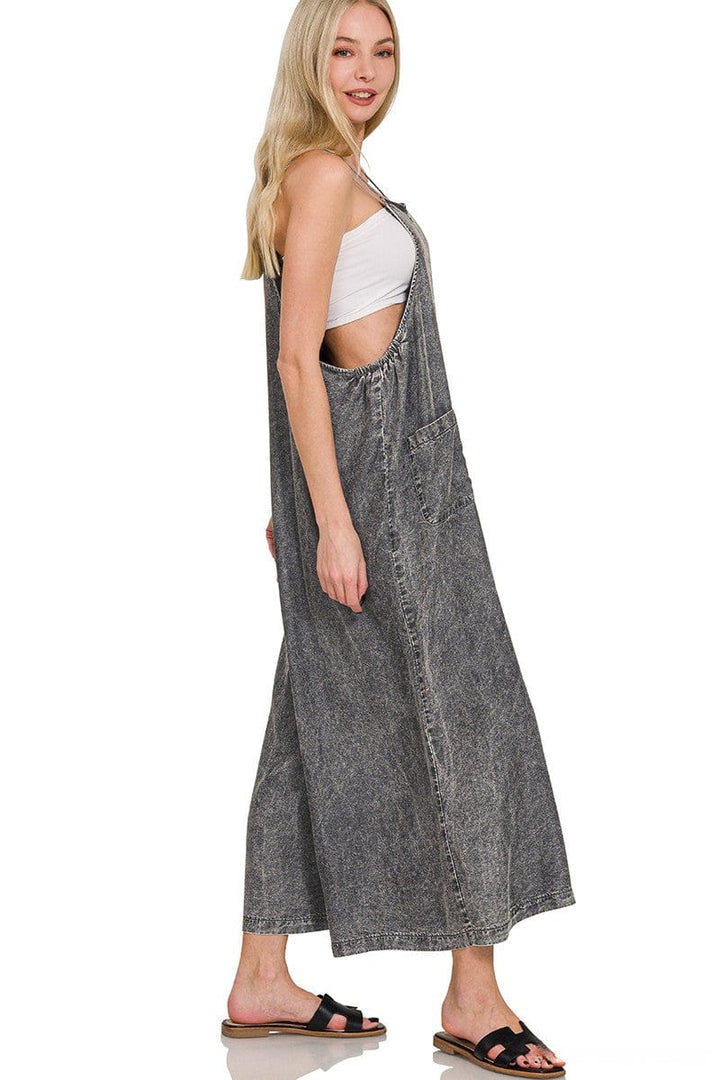 Zenana Acid Washed Wide Leg Front Pocket Spaghetti Strap Jumper