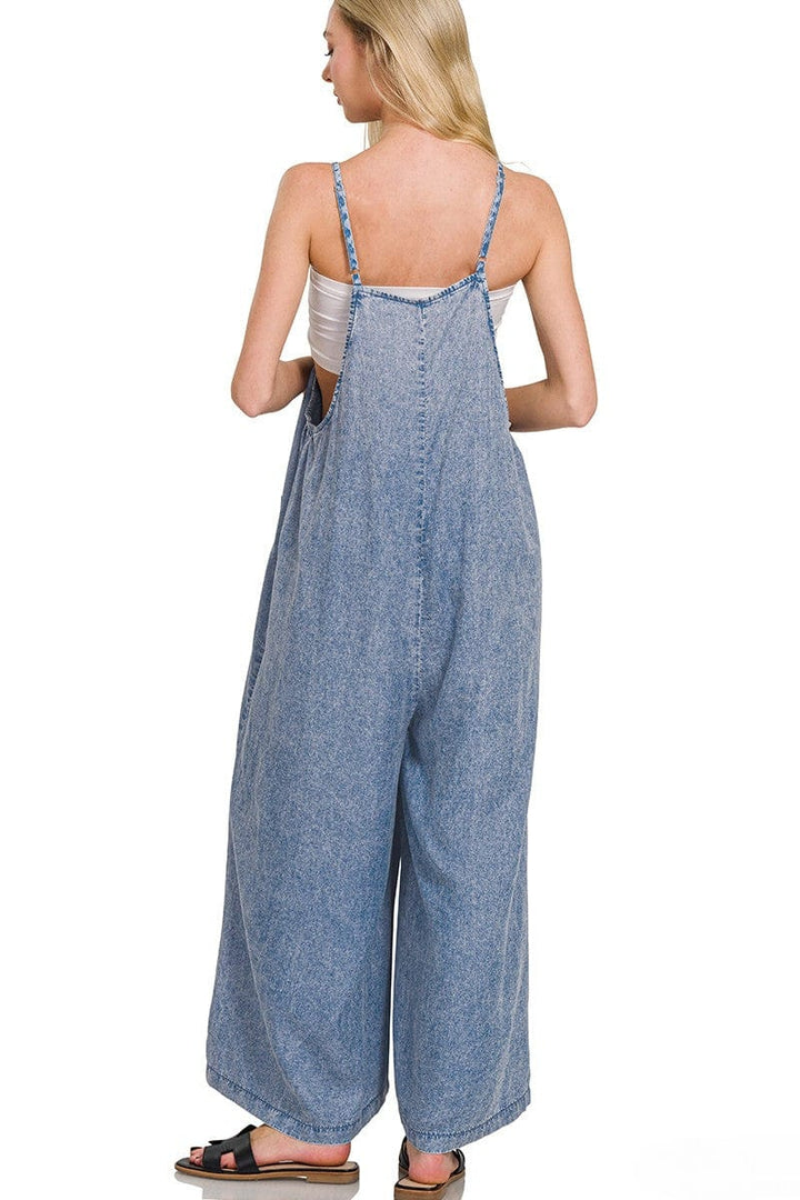 Zenana Acid Washed Wide Leg Front Pocket Spaghetti Strap Jumper