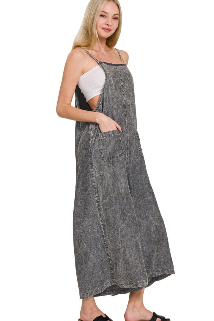 Zenana Acid Washed Wide Leg Front Pocket Spaghetti Strap Jumper