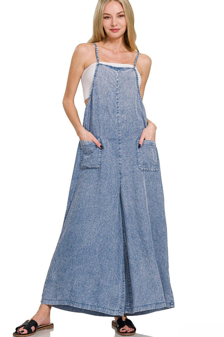 Zenana Acid Washed Wide Leg Front Pocket Spaghetti Strap Jumper