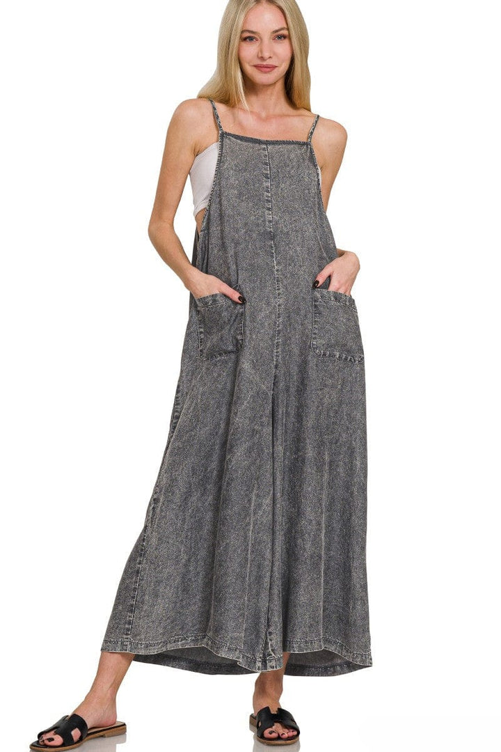 Zenana Acid Washed Wide Leg Front Pocket Spaghetti Strap Jumper