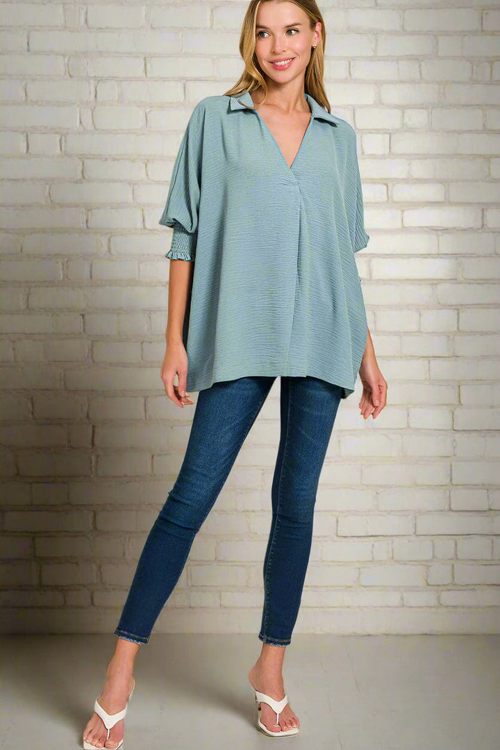 Zenana Airflow Woven Collar Top with Smocked Sleeve Bands
