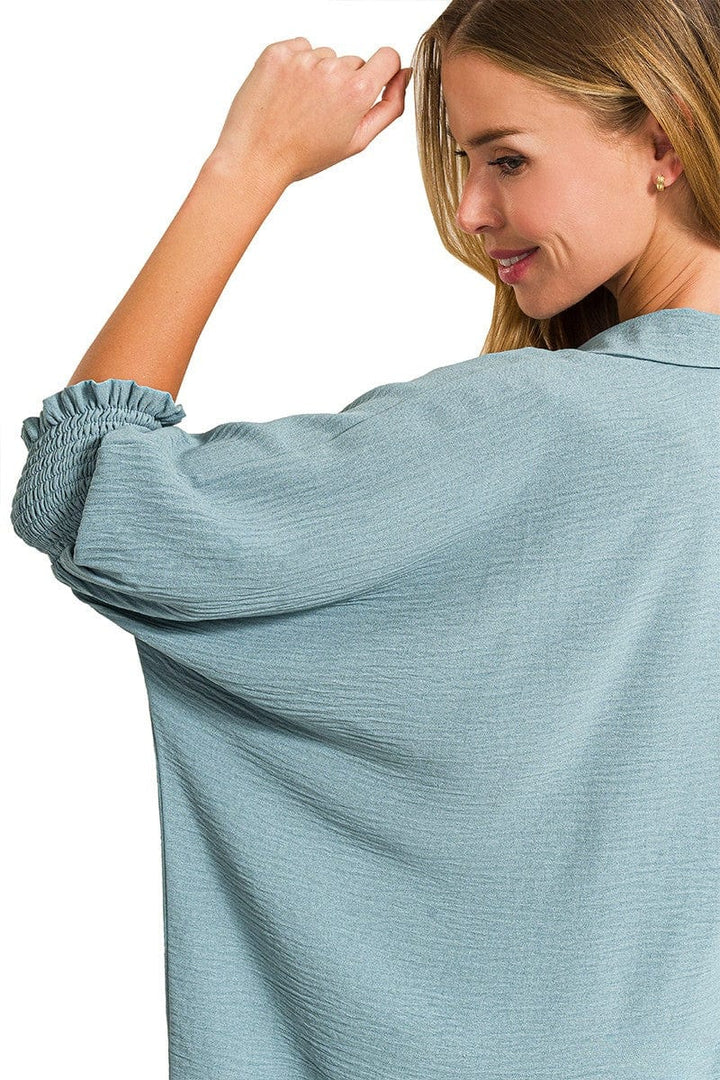 Zenana Airflow Woven Collar Top with Smocked Sleeve Bands