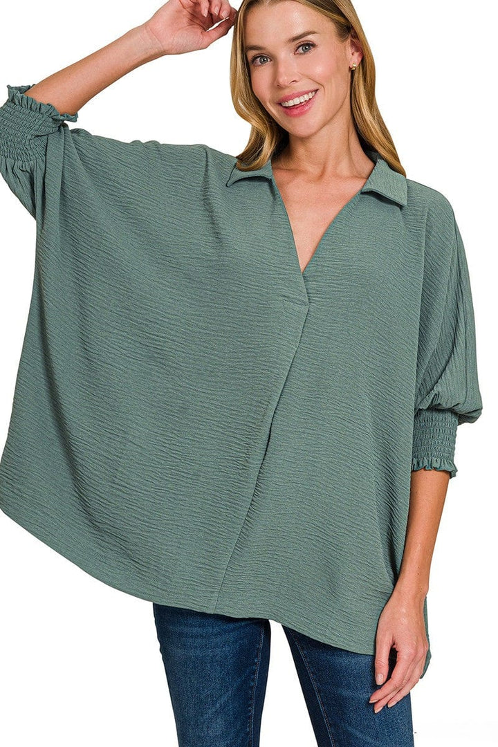 Zenana Airflow Woven Collar Top with Smocked Sleeve Bands