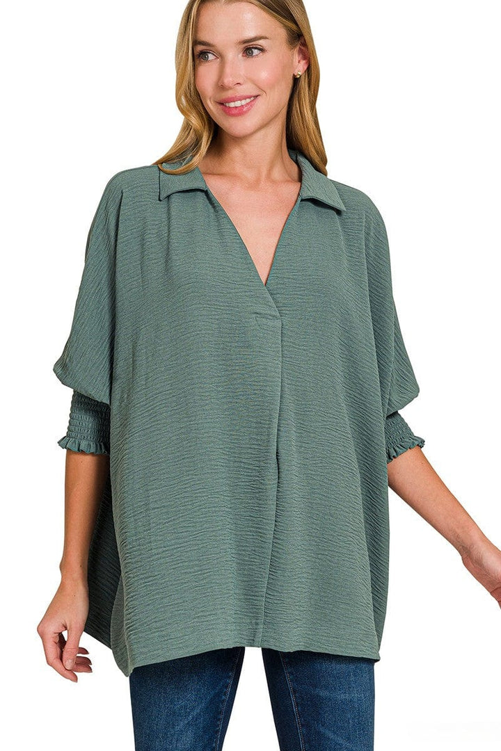 Zenana Airflow Woven Collar Top with Smocked Sleeve Bands