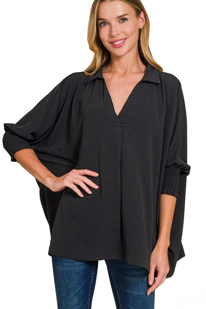 Zenana Airflow Woven Collar Top with Smocked Sleeve Bands