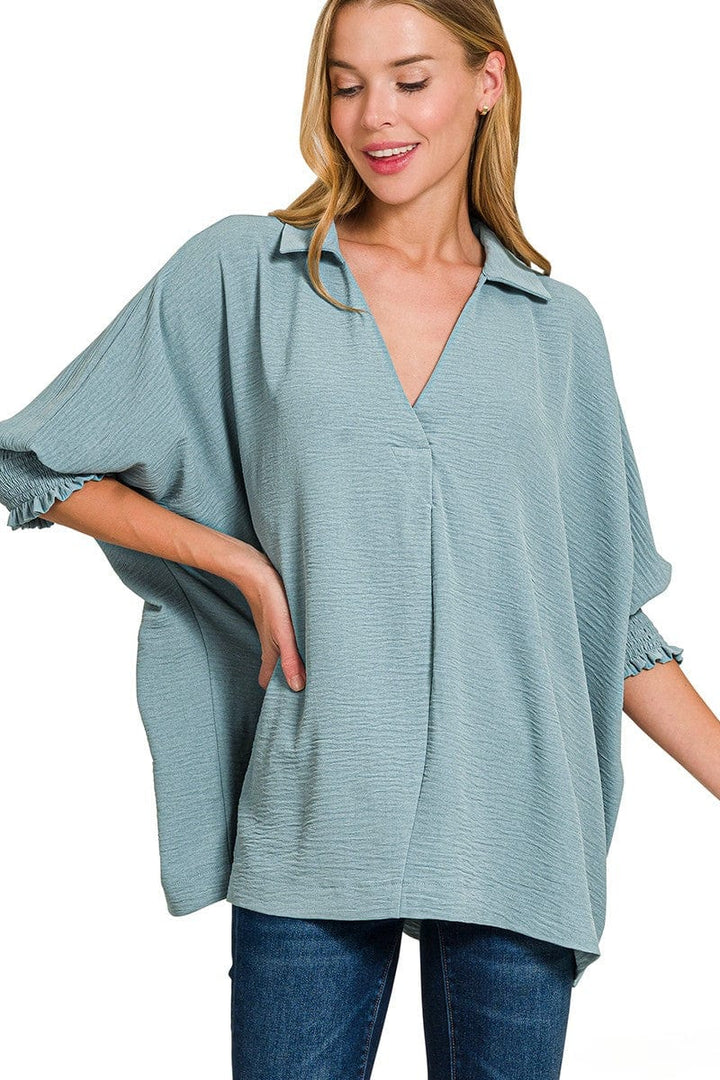 Zenana Airflow Woven Collar Top with Smocked Sleeve Bands