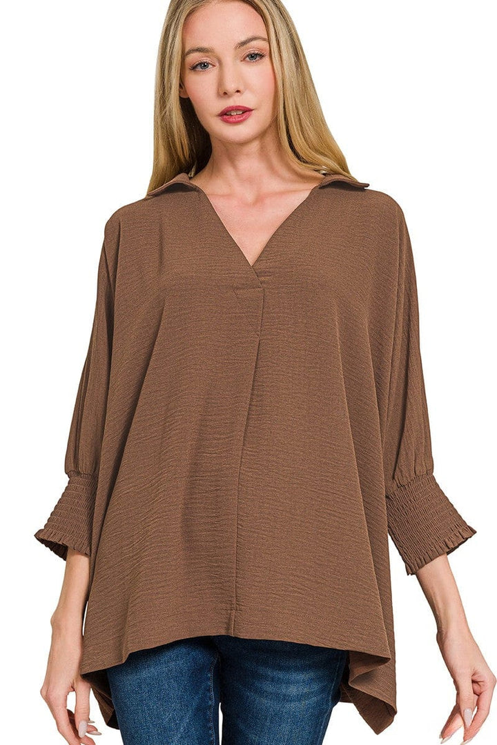 Zenana Airflow Woven Collar Top with Smocked Sleeve Bands