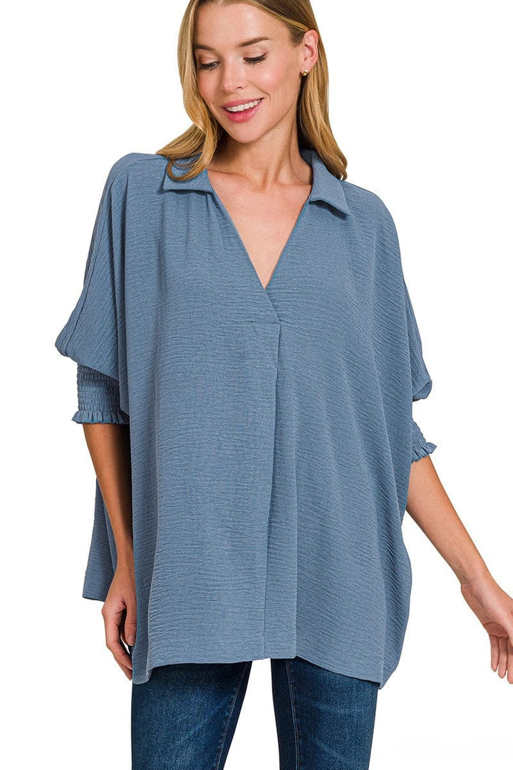 Zenana Airflow Woven Collar Top with Smocked Sleeve Bands