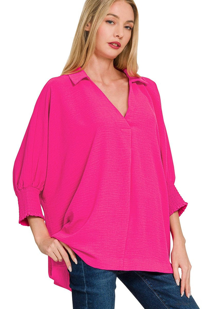 Zenana Airflow Woven Collar Top with Smocked Sleeve Bands