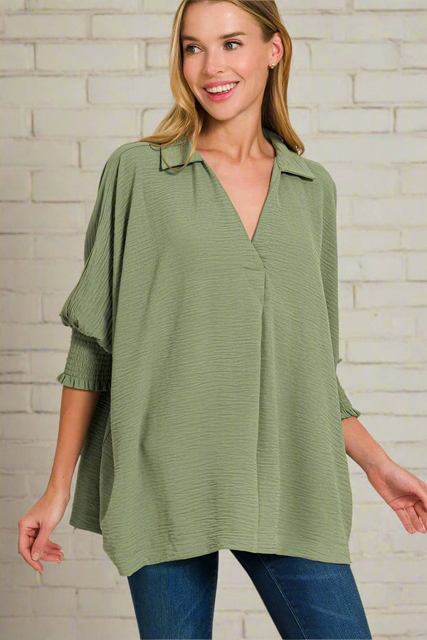 Zenana Airflow Woven Collar Top with Smocked Sleeve Bands