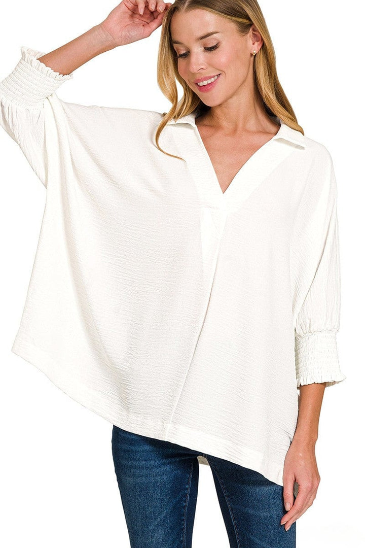 Zenana Airflow Woven Collar Top with Smocked Sleeve Bands