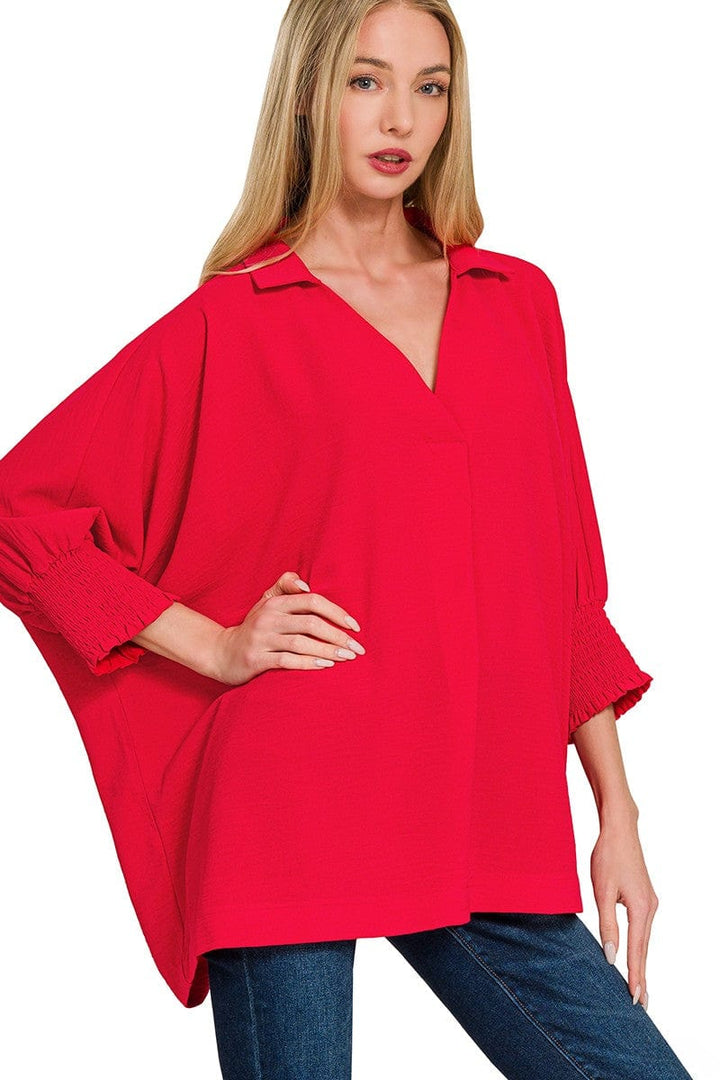Zenana Airflow Woven Collar Top with Smocked Sleeve Bands