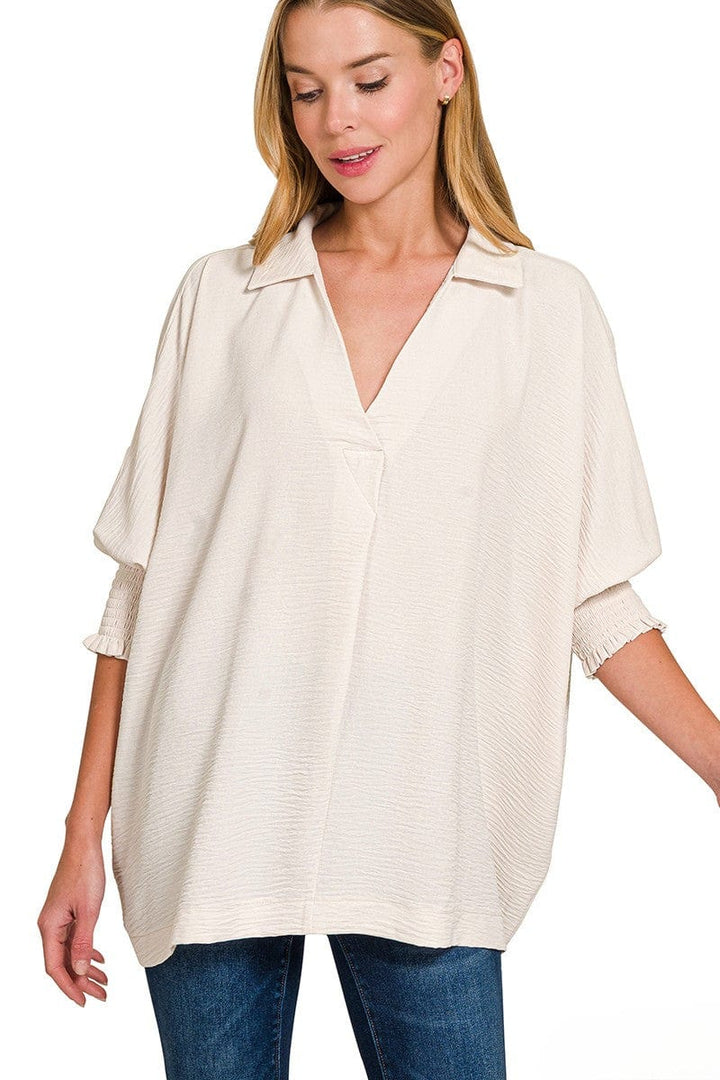 Zenana Airflow Woven Collar Top with Smocked Sleeve Bands