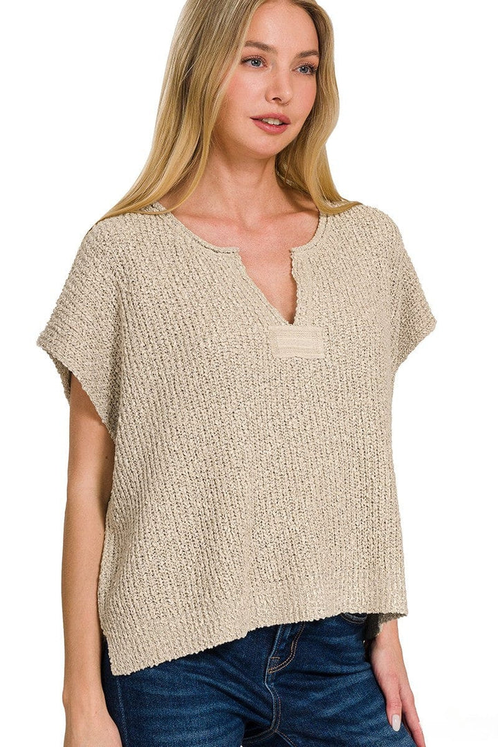 Zenana Back Patch Rolled Split-Neck Side Slit Pullover Sweater Top