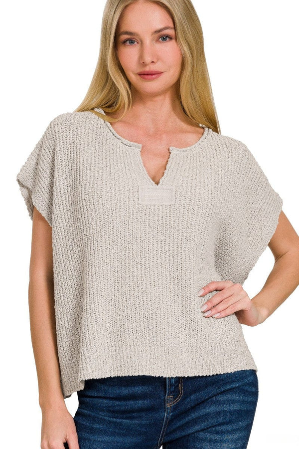 Zenana Back Patch Rolled Split-Neck Side Slit Pullover Sweater Top