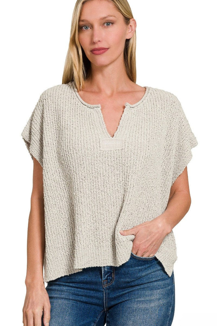 Zenana Back Patch Rolled Split-Neck Side Slit Pullover Sweater Top