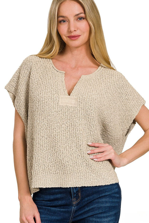 Zenana Back Patch Rolled Split-Neck Side Slit Pullover Sweater Top