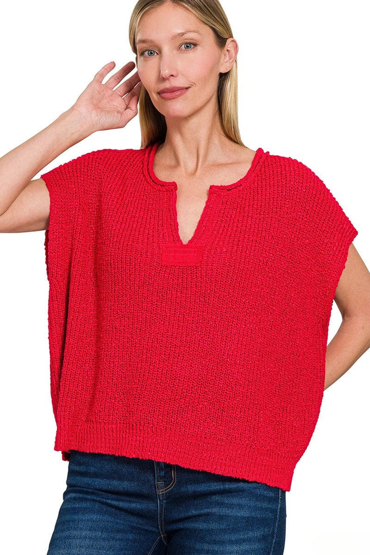 Zenana Back Patch Rolled Split-Neck Side Slit Pullover Sweater Top