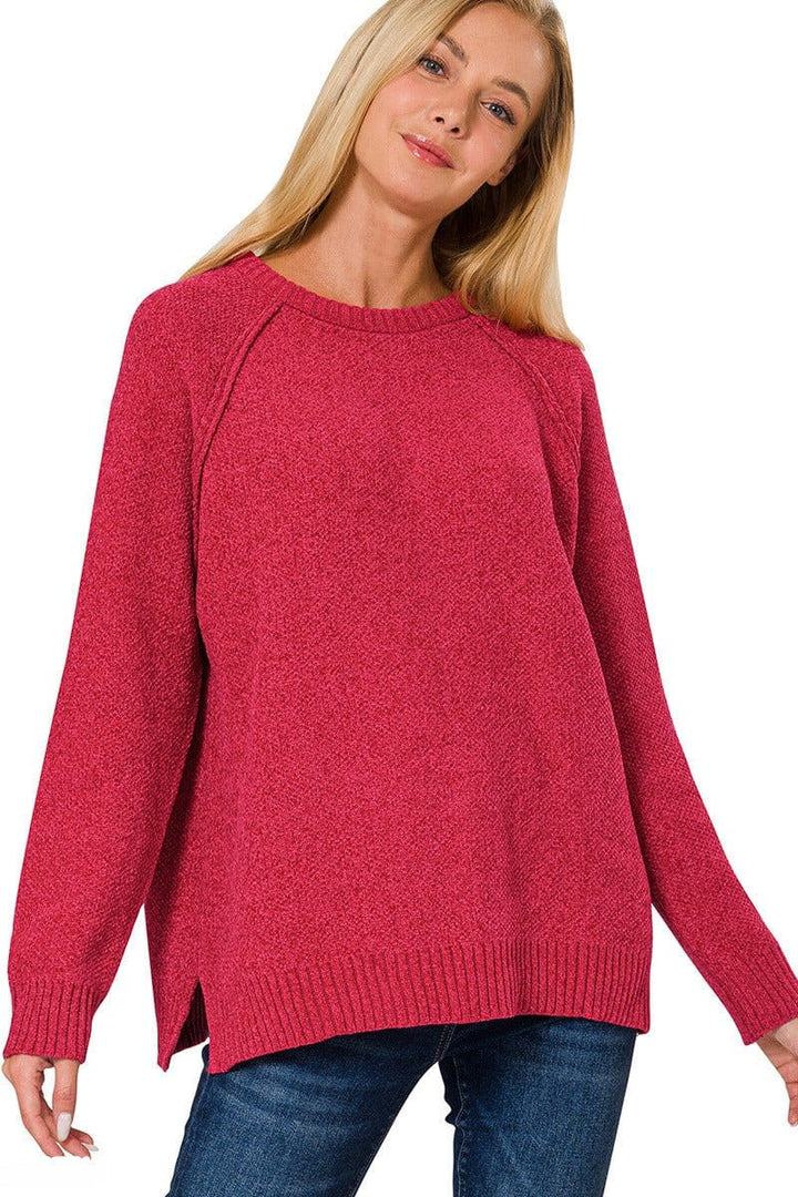 Zenana Basic Round Neck Chenille Raglan Sweater