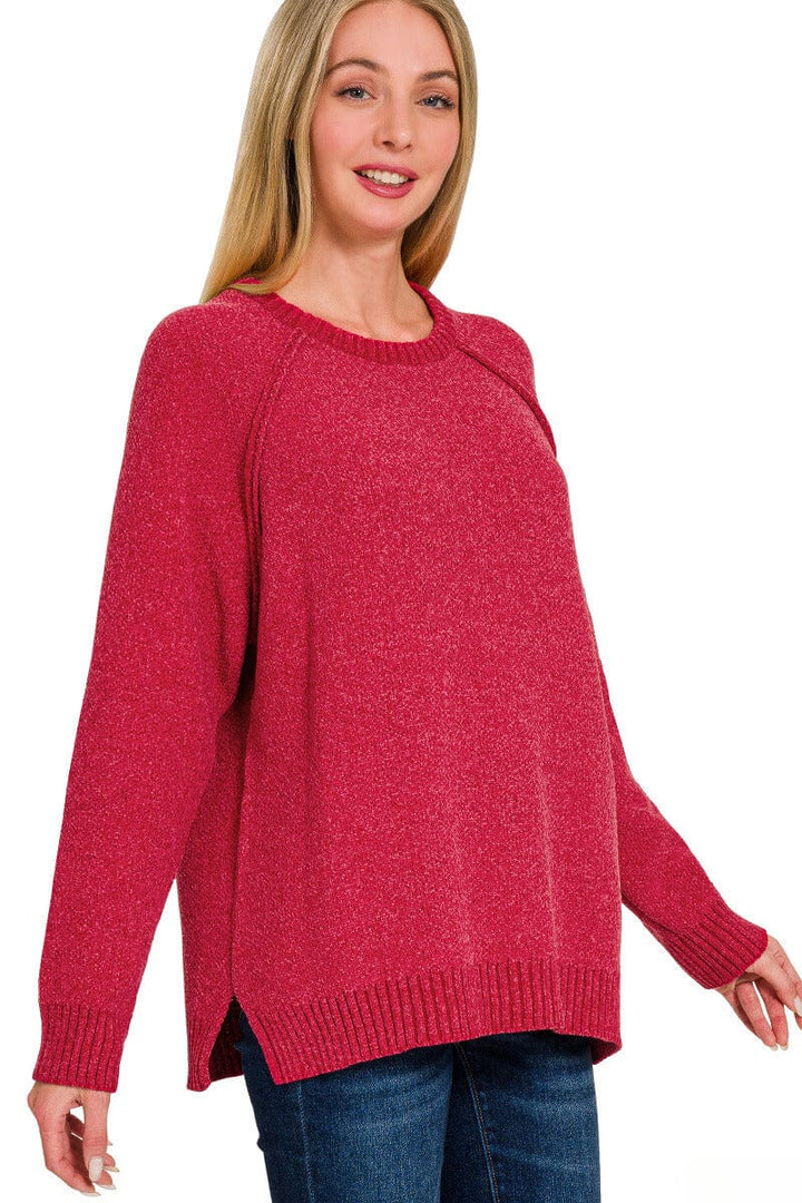 Zenana Basic Round Neck Chenille Raglan Sweater