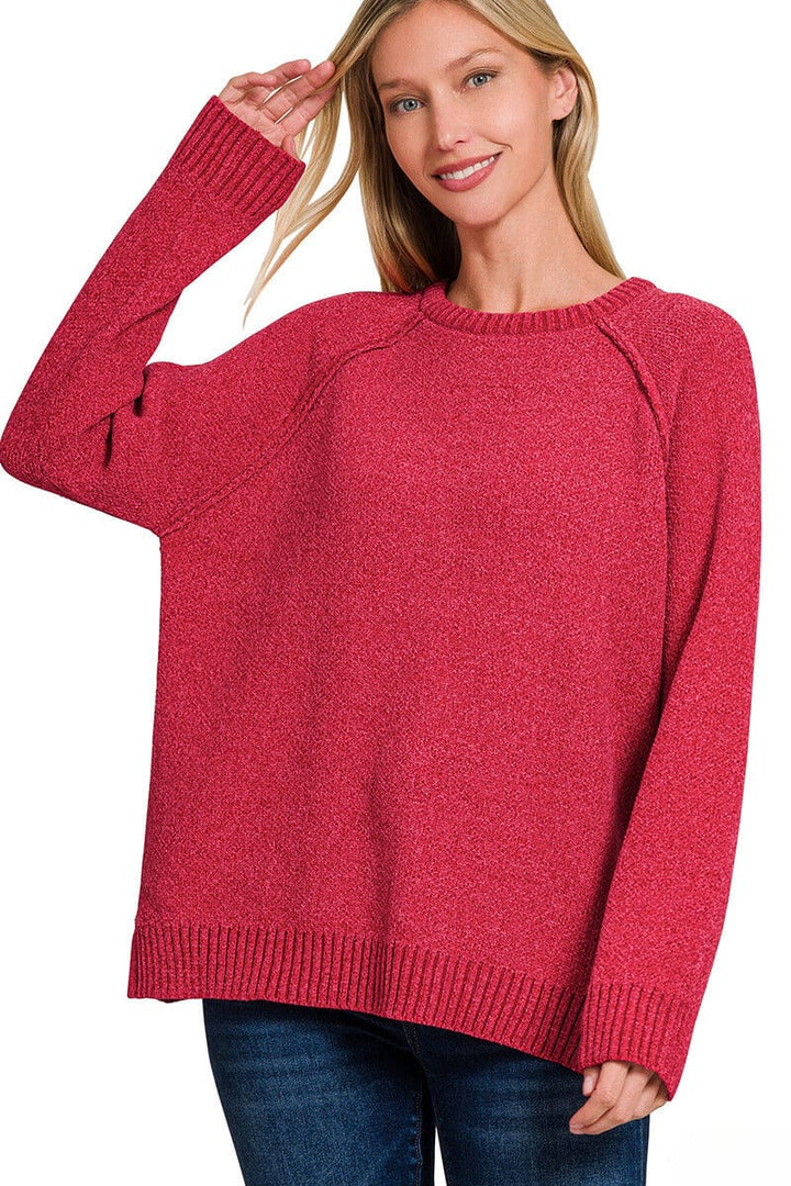 Zenana Basic Round Neck Chenille Raglan Sweater