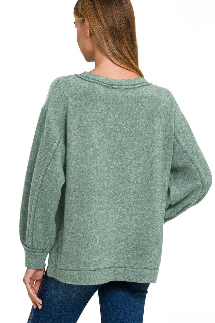 Zenana Brushed Hacci Hi-Low Round Neck Front Pocket Sweater