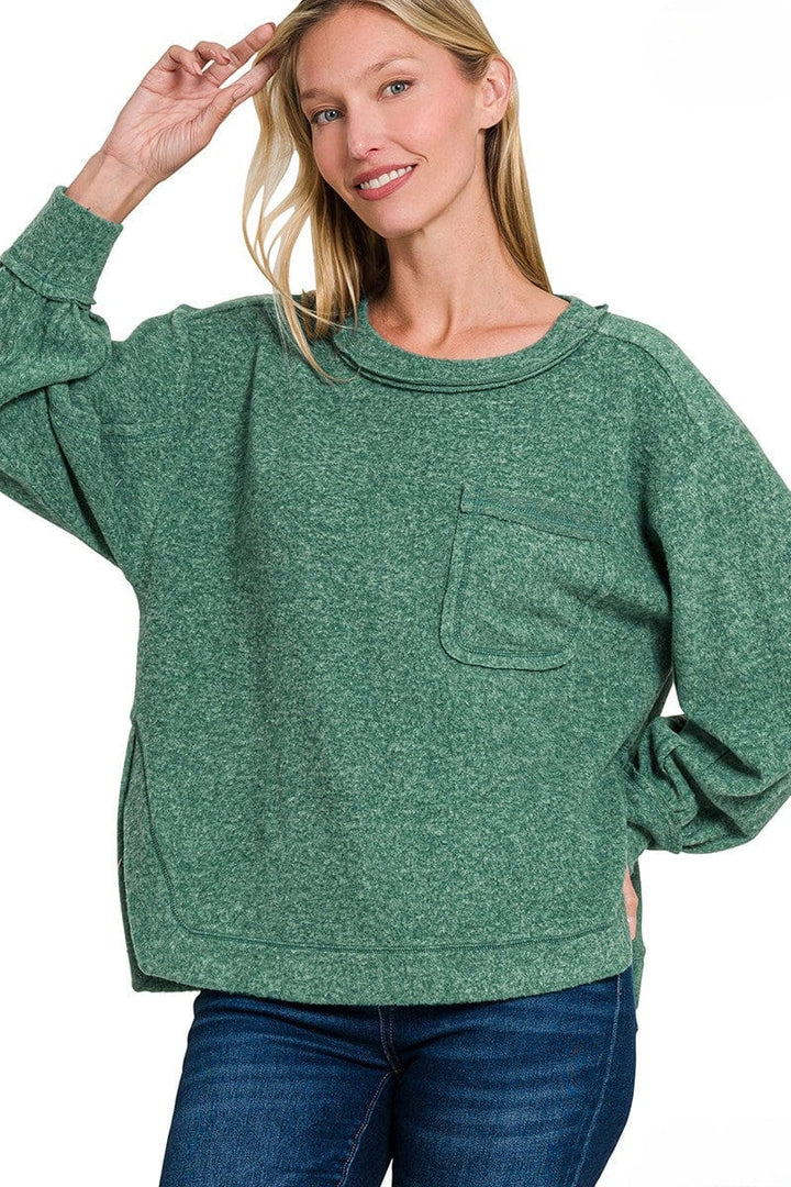 Zenana Brushed Hacci Hi-Low Round Neck Front Pocket Sweater