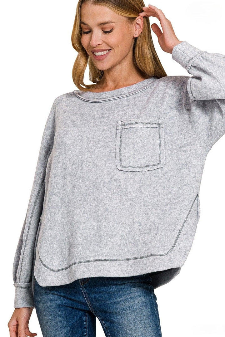 Zenana Brushed Hacci Hi-Low Round Neck Front Pocket Sweater