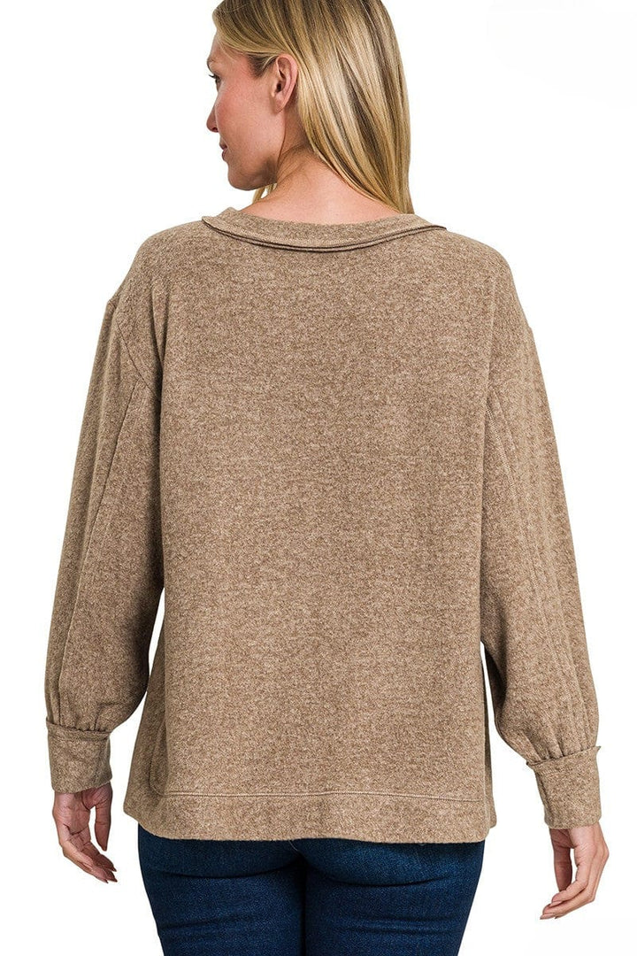 Zenana Brushed Hacci Hi-Low Round Neck Front Pocket Sweater