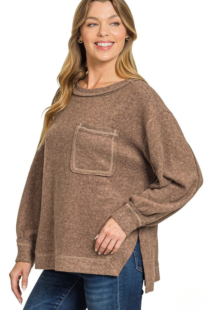 Zenana Brushed Hacci Hi-Low Round Neck Front Pocket Sweater