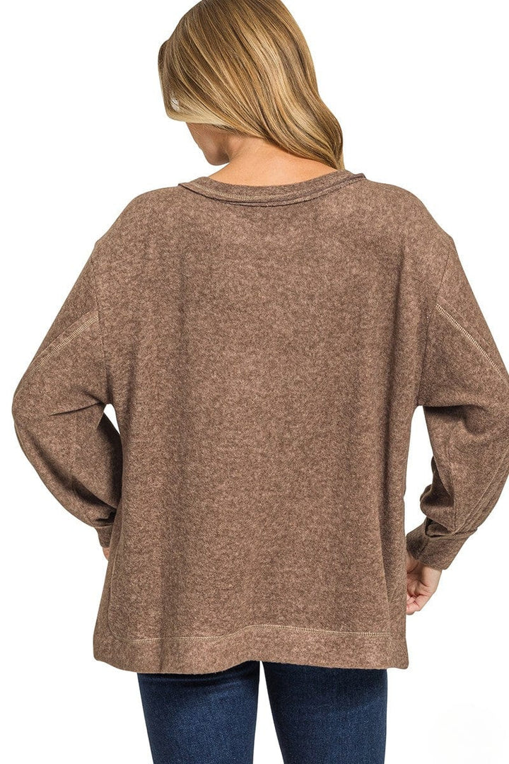 Zenana Brushed Hacci Hi-Low Round Neck Front Pocket Sweater