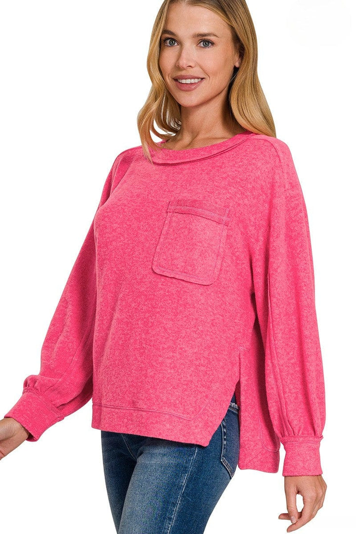 Zenana Brushed Hacci Hi-Low Round Neck Front Pocket Sweater