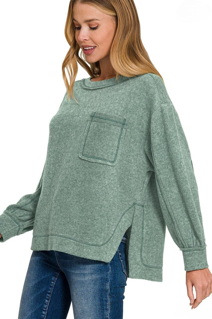 Zenana Brushed Hacci Hi-Low Round Neck Front Pocket Sweater