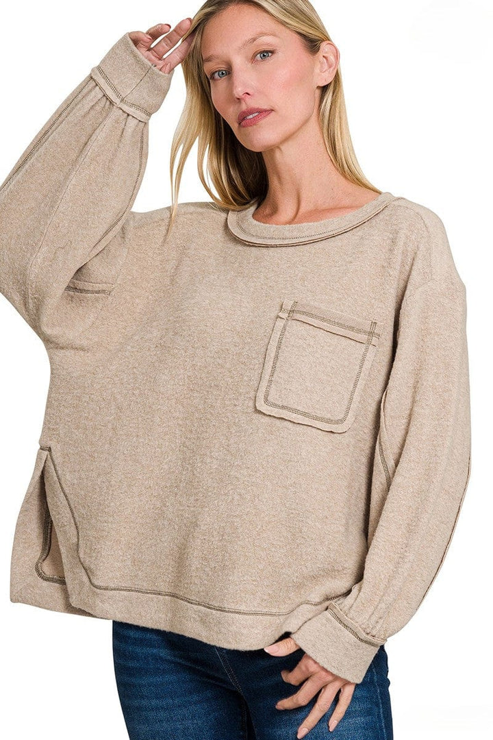 Zenana Brushed Hacci Hi-Low Round Neck Front Pocket Sweater