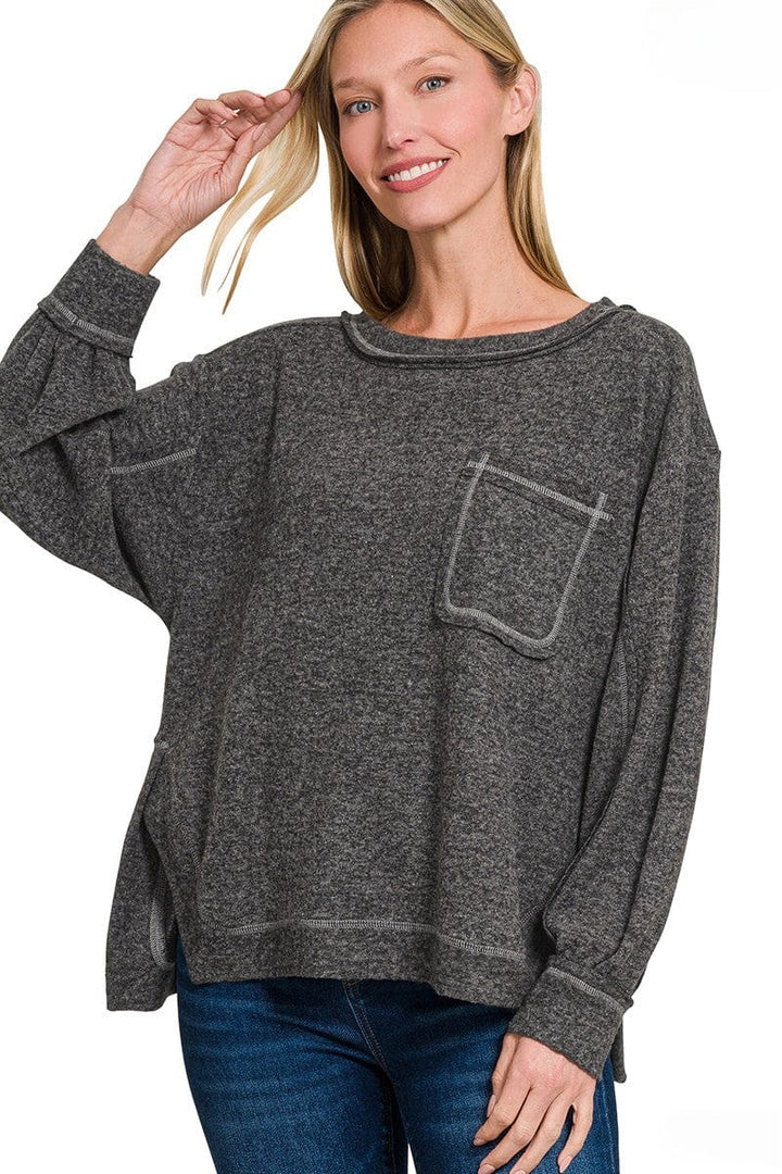 Zenana Brushed Hacci Hi-Low Round Neck Front Pocket Sweater