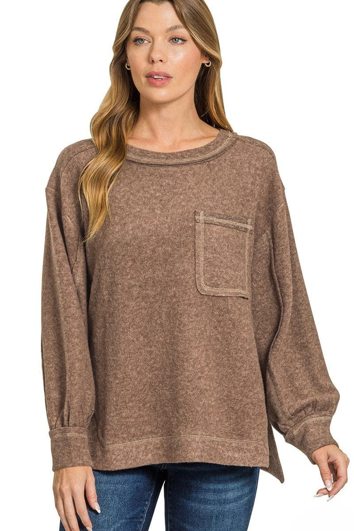 Zenana Brushed Hacci Hi-Low Round Neck Front Pocket Sweater