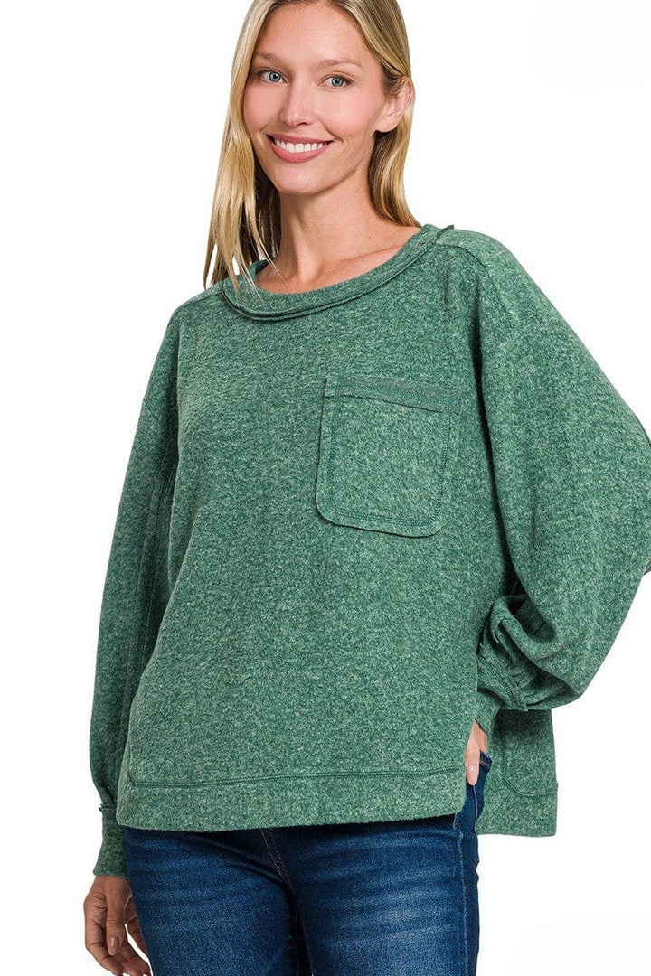 Zenana Brushed Hacci Hi-Low Round Neck Front Pocket Sweater